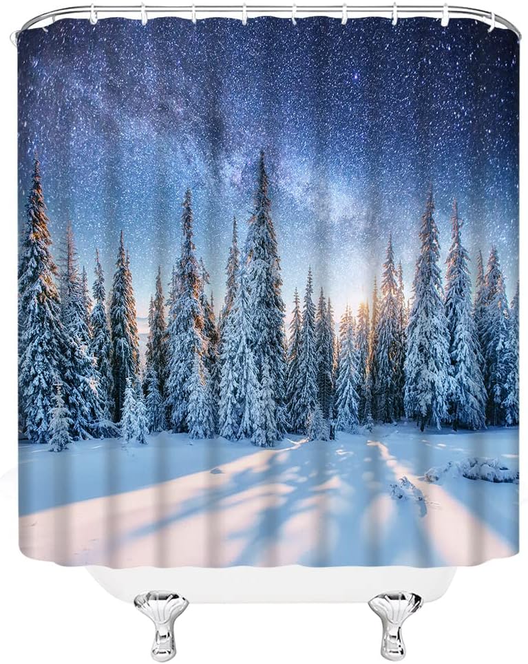 Winter Forest Shower Curtain Pine Tree Forest Blue Jungle Snowflake Snowy Day Rustic Christmas Holiday Nature Scenery Bathroom Decor Fabric Bathroom Sets with Hooks