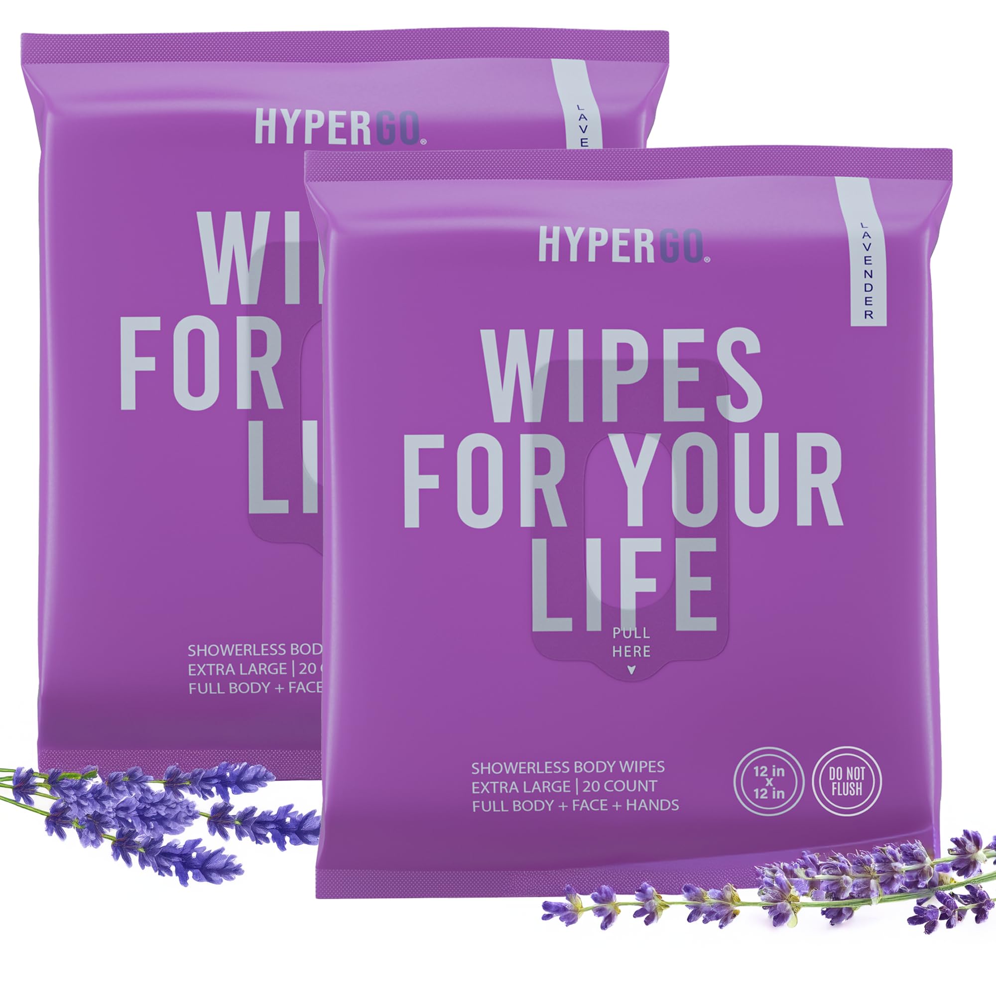 HyperGo XL Body Wipes for Women & Men – 12" x12" Rinse-Free Full Body Cleansing Wipes 2-20 Count Packs - Lavender | Biodegradable, Hypoallergenic, Aloe-Infused | Gym, Festival, Camping Essentials