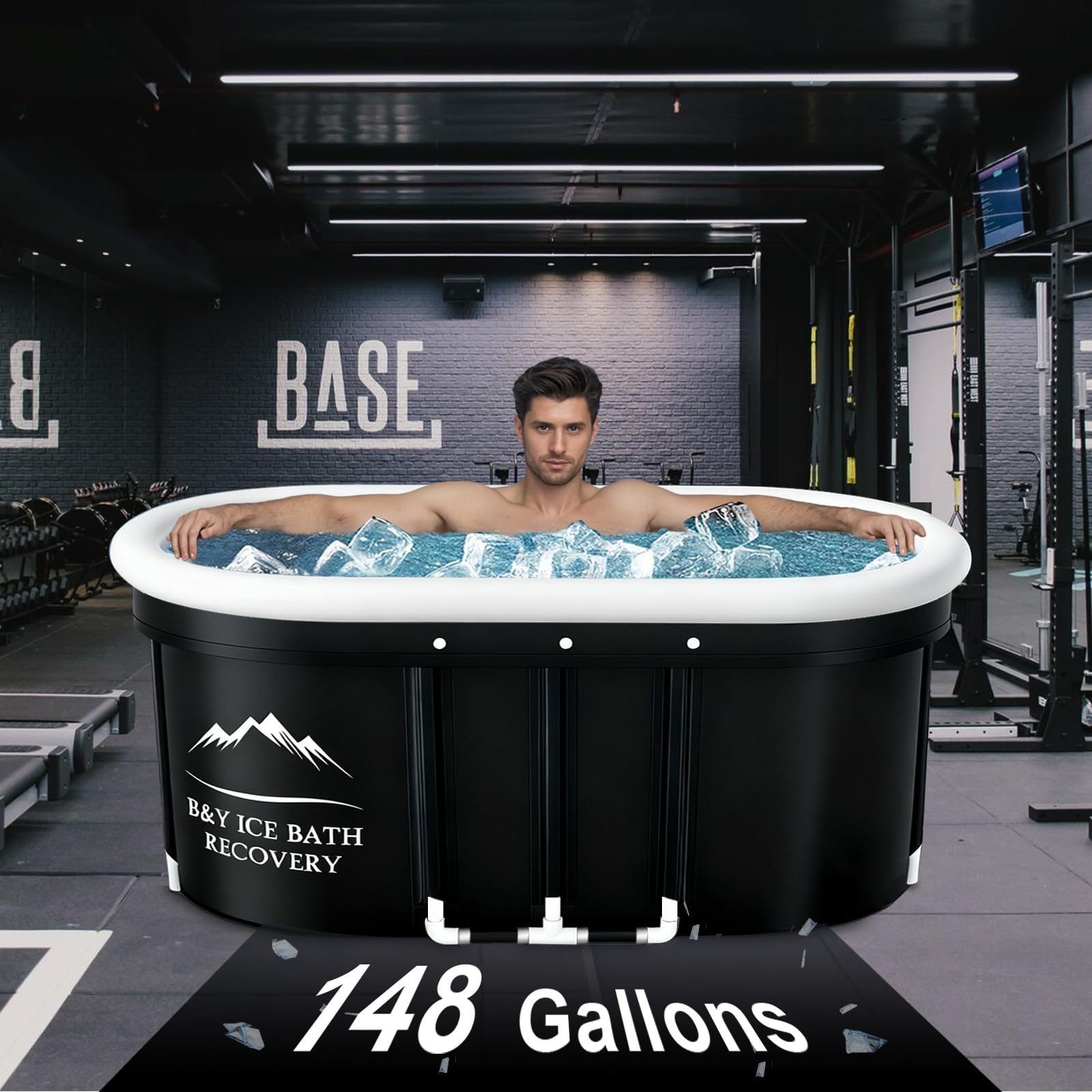B&Y Bagno di ghiaccio ovale, pieghevole, per adulti, contenitore isolato, per interni ed esterni, terapia del freddo, per atleti, atleti e bagni freddi, per la casa (nero, 120 x 65 x 65 cm)
