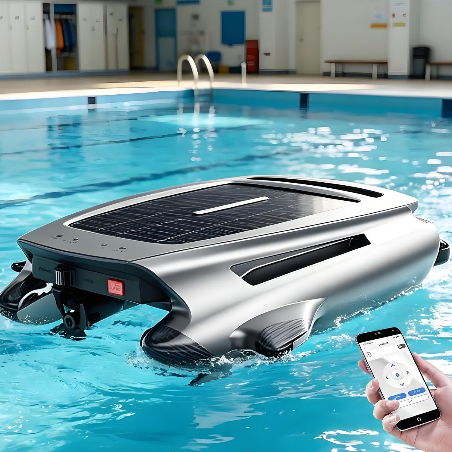 AiODiO Solar-Powered Pool Cleaning Robot,Automatic Solar Pool Skimmer Robot，App Support, Powerful Suction, Maximum Cleaning Area 200㎡ for All Pool Surfaces
