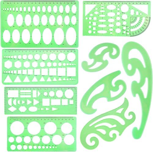 SIQUK 9 plantillas de dibujos, plantillas geométricas de curva francesa, reglas de medición, reglas de plástico verde transparente para ingeniería,