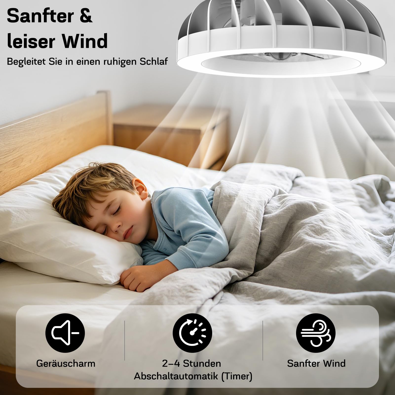 LED Deckenventilator mit Beleuchtung, 48cm Modern, 48W Dimmbar, Fernbedienung, Schwarz-Weiß Ring Design, 220V