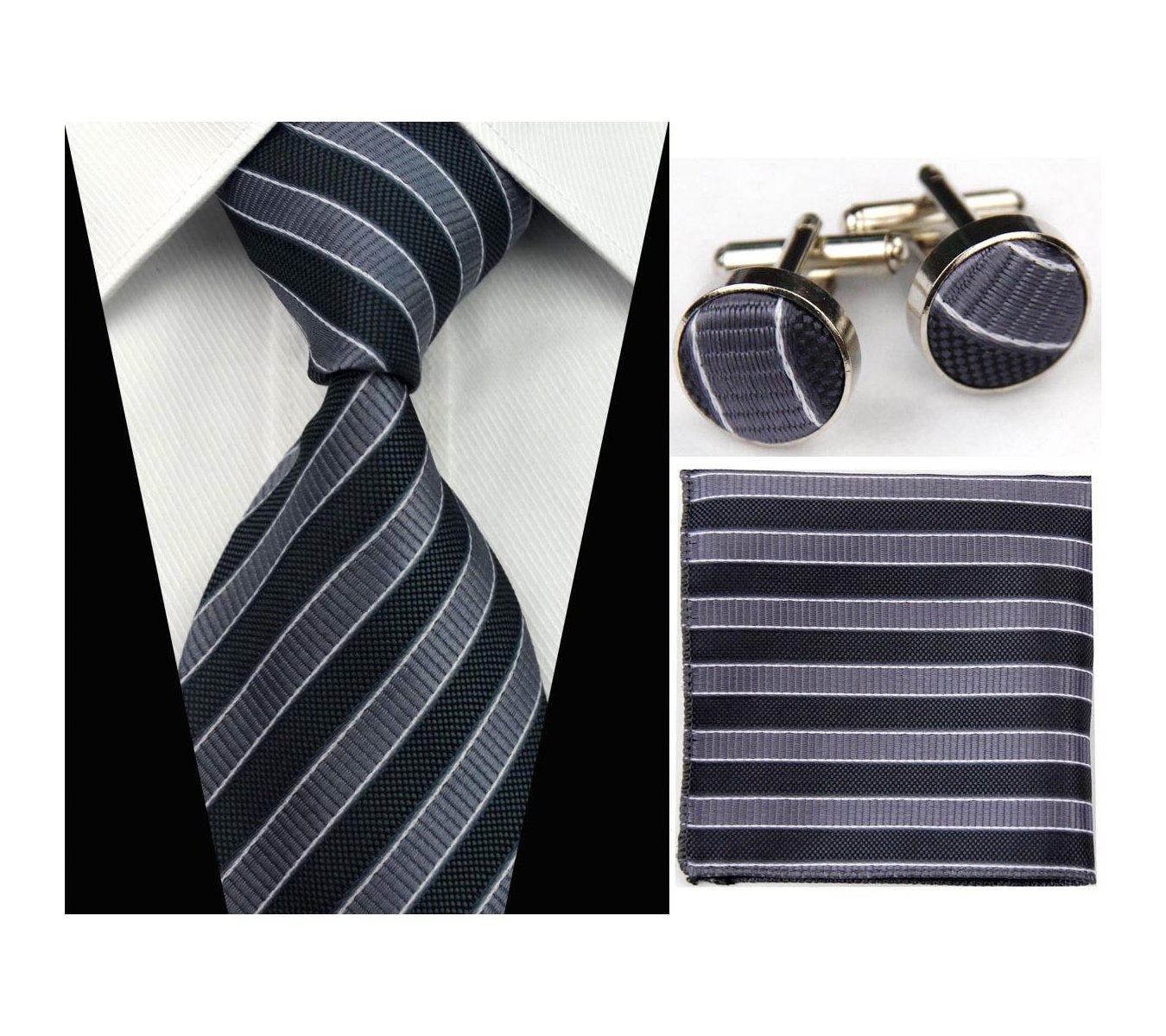 Traditional Classic Matching Tie, Cufflink and Pocket Square - 4 Piece Elegant Set - 100% Silk - Over 24 Styles Available
