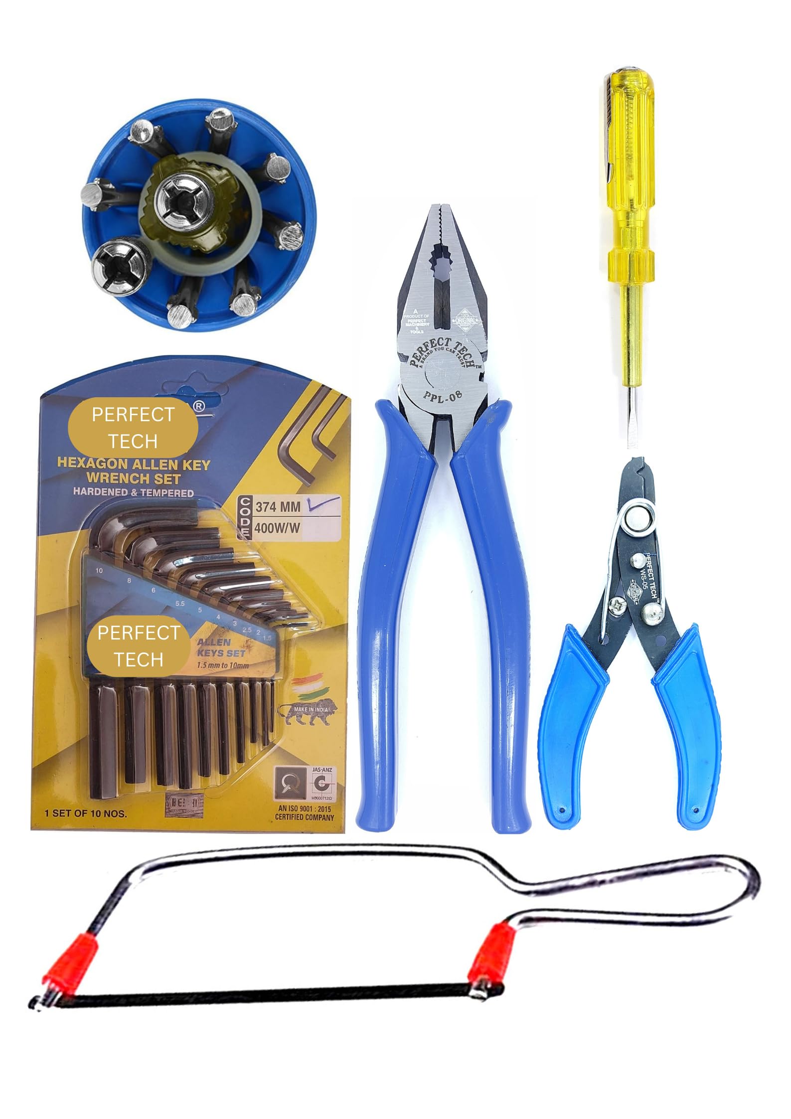 PERFECT TECH Combo Set of 6 Pcs Hand Tools Kit | 9 Pcs Allen Key | Wire Stripper | 8Inch Screwdriver Set | Tester | Junior Saw | Combination Plier | Tools Kit | Steel Pliers Original | Heavy Duty