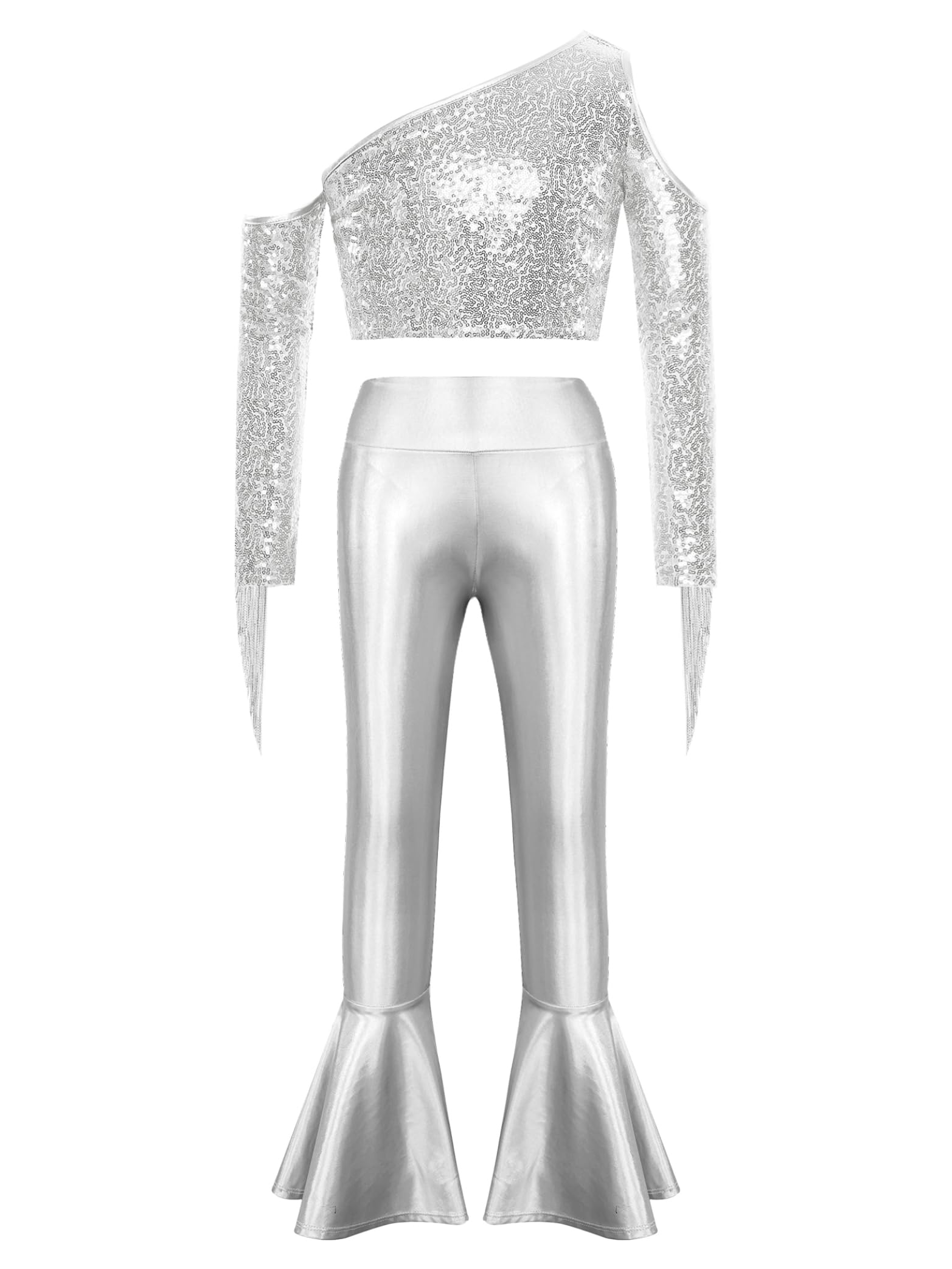 Ensemble danse jazz filles top asymétrique et pantalon évasé argenté - 8