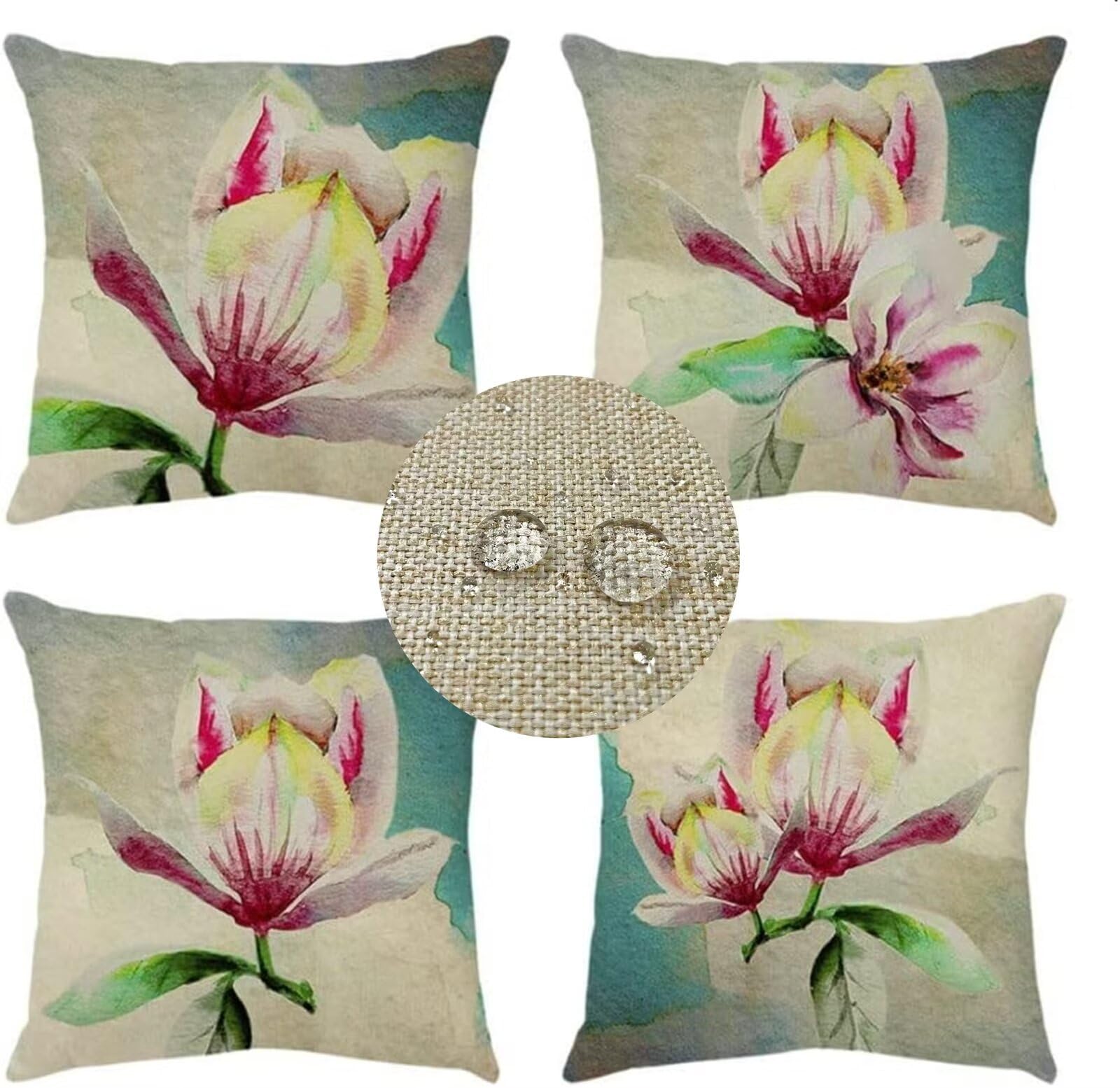 Set di 4 Rosa Federe Cuscini Divano 65x65cm Copri Cuscini Estivi All'aperto Quadrato Doppio Lato Fiore Impermeabili Lino Autunno Decorativi Copricuscini,per Soggiorno Balcone Decor Cuscini WS-2829