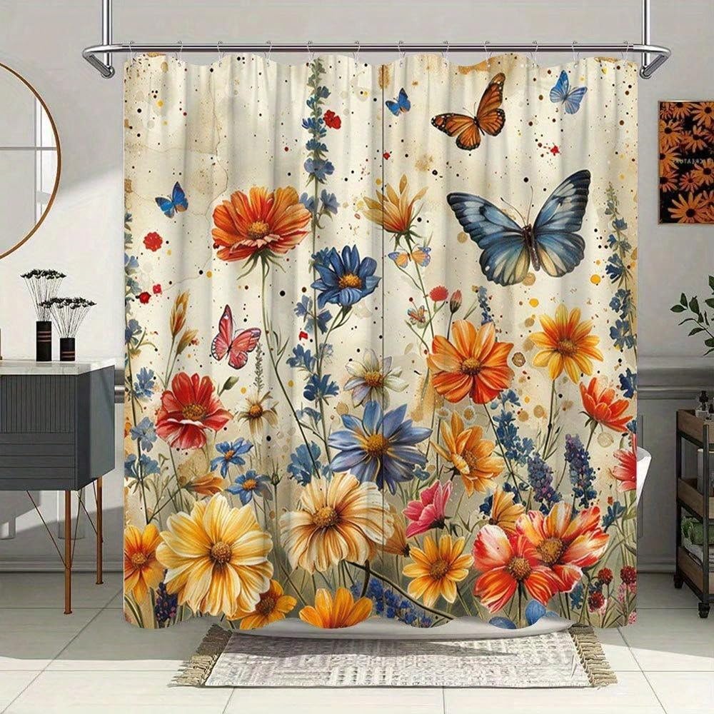 Duschvorhang mit Schmetterlingsmotiv, farbenfrohes Gartenblumen-Naturdesign, Hänge-Duschvorhang-Set für Badewanne (300 x 180 cm / 118 x 71 Zoll (B x H))