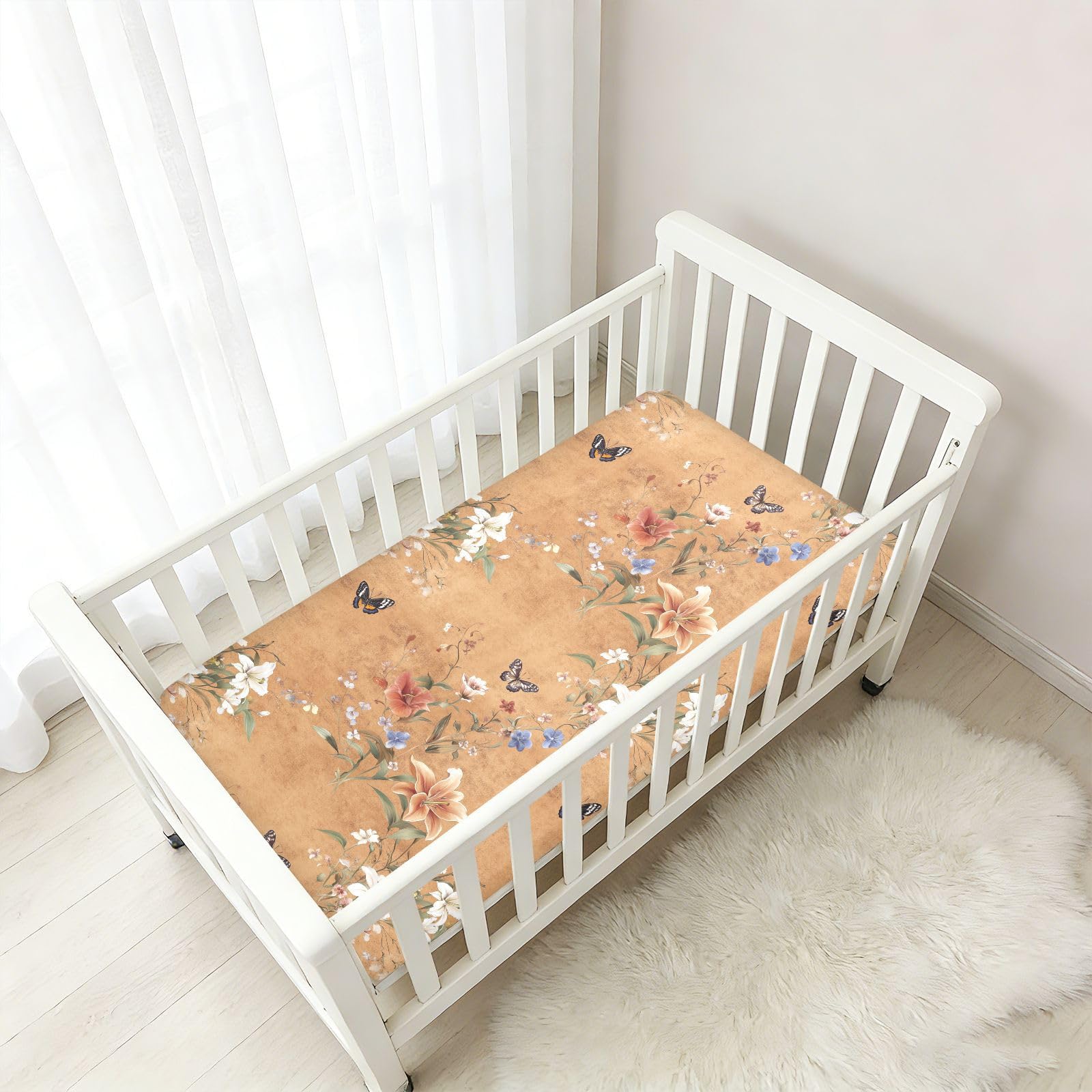 Lenzuola per culla in terracotta con fiori e giglio del pensiero e farfalle, per neonati e ragazze, in cotone, morbido, per cameretta dei bambini, 1 confezione