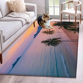 Rectangle Area Rug 4x6ft, Watercolor Summer Seaside Palm Tree Non-Slip Non-Shedding Floor Mat, Beach Sunset Scenery Washable Sturdy Carpet for Living Room Bedroom Home Decor
