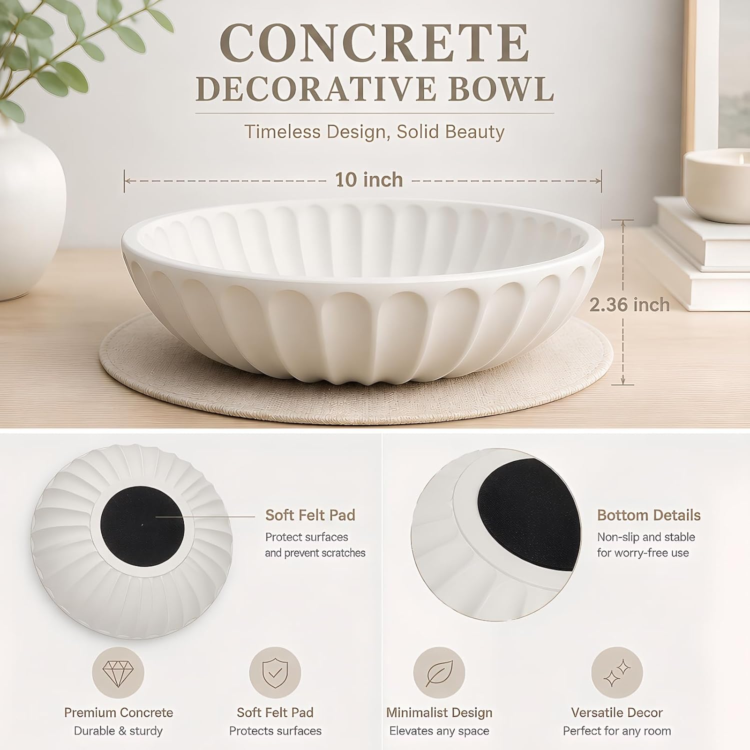 Songtec Concrete Decorative Bowl, 10" Large Decorative Bowls for Home Decor Entry Cabinet (White)