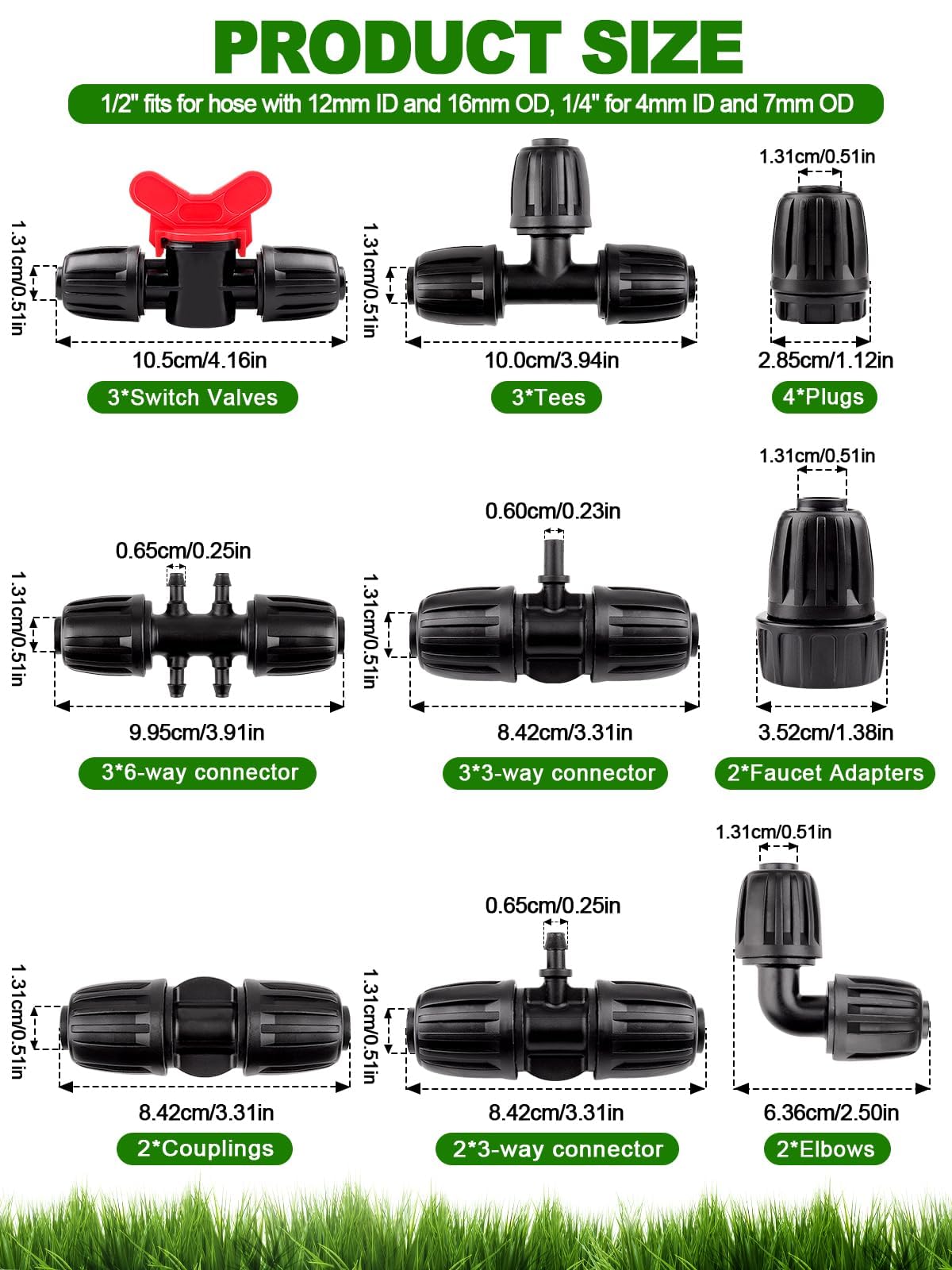 Kalolary 24-teiliges Bewässerungsanschlussset (1/2 bis 1/4 Zoll), Tropfschlauch-Anschlussstücke mit Stacheln und Sicherungsmuttern (Umschaltventile, T-Stücke, T-Verteiler, Winkelstücke, Endstücke)