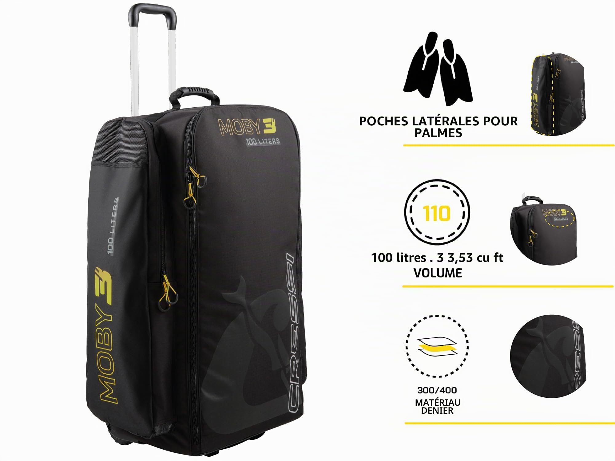 Cressi Moby 3 Trolley Bag Black/Yellow 100 L - Sac à roulettes Robuste et Spacieux Idéal pour Les Activités Sportives et Les Voyages, Noir/Jaune, 100 L, Unisex