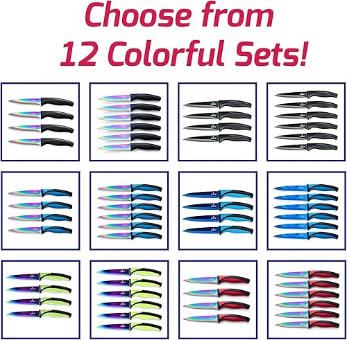 Miniatura 6 de SiliSlick Juego de cuchillos para carne de acero inoxidable, cuchillos de cocina coloridos con revestimiento de titanio con borde recto, suave y