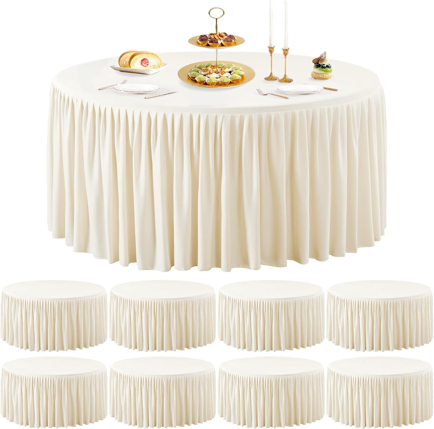Wish Care 2 Packs 5FT Round Tablecloth 60 Inch, Ivory Stretchy Fitted Table Cloths, Wrinkle Resistant Polyester Table Cover with Pleated Ruffle Skirt for Party, Wedding and Banquet Decoration
