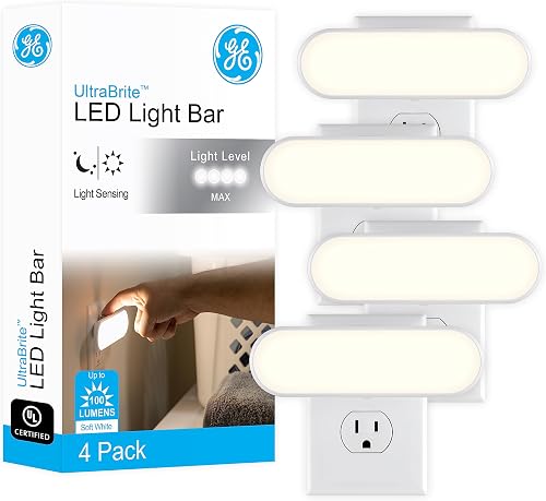 GE Ultrabrite LED Light Bar Night Lights Plug Into Wall Room Decor Ambient Lighting Dusk to Dawn Sensor Bright Nightlight, White, 100 Lumens, 4 Pack