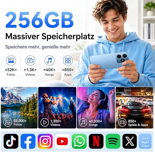 NexiPosket Téléphone Portable Pas Cher 12Go+256Go/TF 2To, Smartphone Android 4G Double SIM, Écran 6,56'' HD+ 90Hz, Batterie 5000mAh, Caméra AI 13MP+8MP, Face ID/OTG/GPS, Garantie 3 Ans - Bleu - 2
