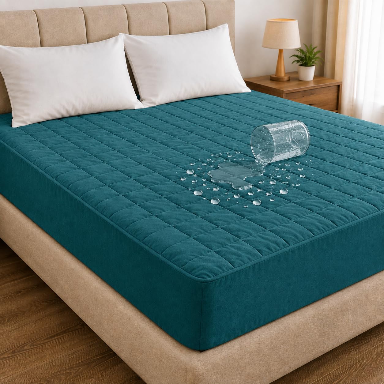 Restify Ultra Soft King Size Quilted Mattress Protector | Waterproof Cotton Feel Quilted Bed Cover | Breathable & Noiseless Fitted Bed Cover for Double Bed 72x72 Inch (Teil, Fits 10 Inch Mattress)-picture-21