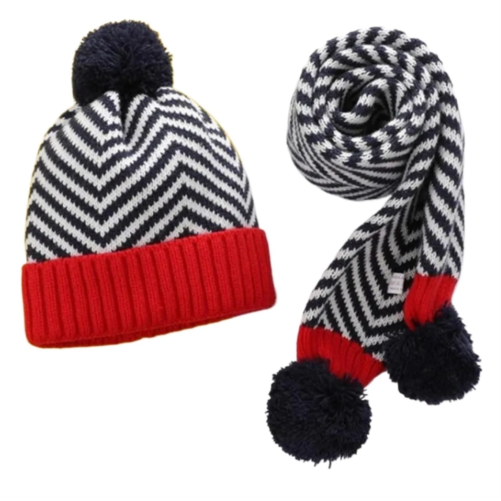 Gorro y Bufanda de Punto cálido for Chico de Invierno, Gorro a Rayas de retales for niño, Conjunto de 2 Piezas, Gorra con protección de oídos for niño y niña con Bufandas con pompón(Red)