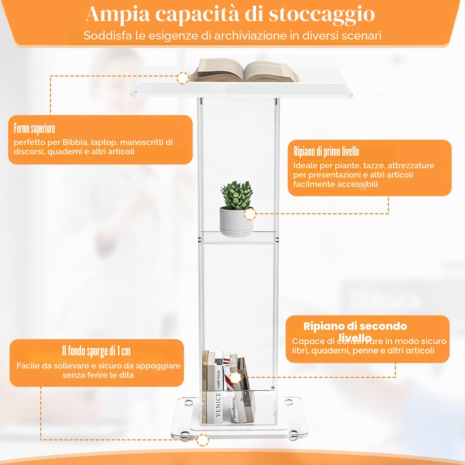 Podio in Acrilico, Bianco, con Mensa per Oratore e Scaffale di Stoccaggio, Pulpito per Chiesa con Piattaforma di Lettura Larghezza Rinforzata, Stabile Supporto per Podio per Chiesa, Conferenza