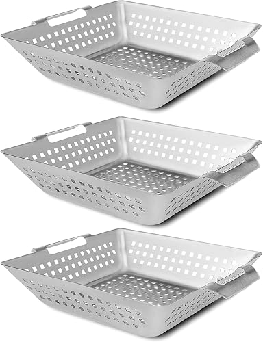 Miniatura 1 de Grisun Cestas para parrilla de verduras, 3 unidades, canastas resistentes para parrilla al aire libre con asa, cestas de verduras de acero