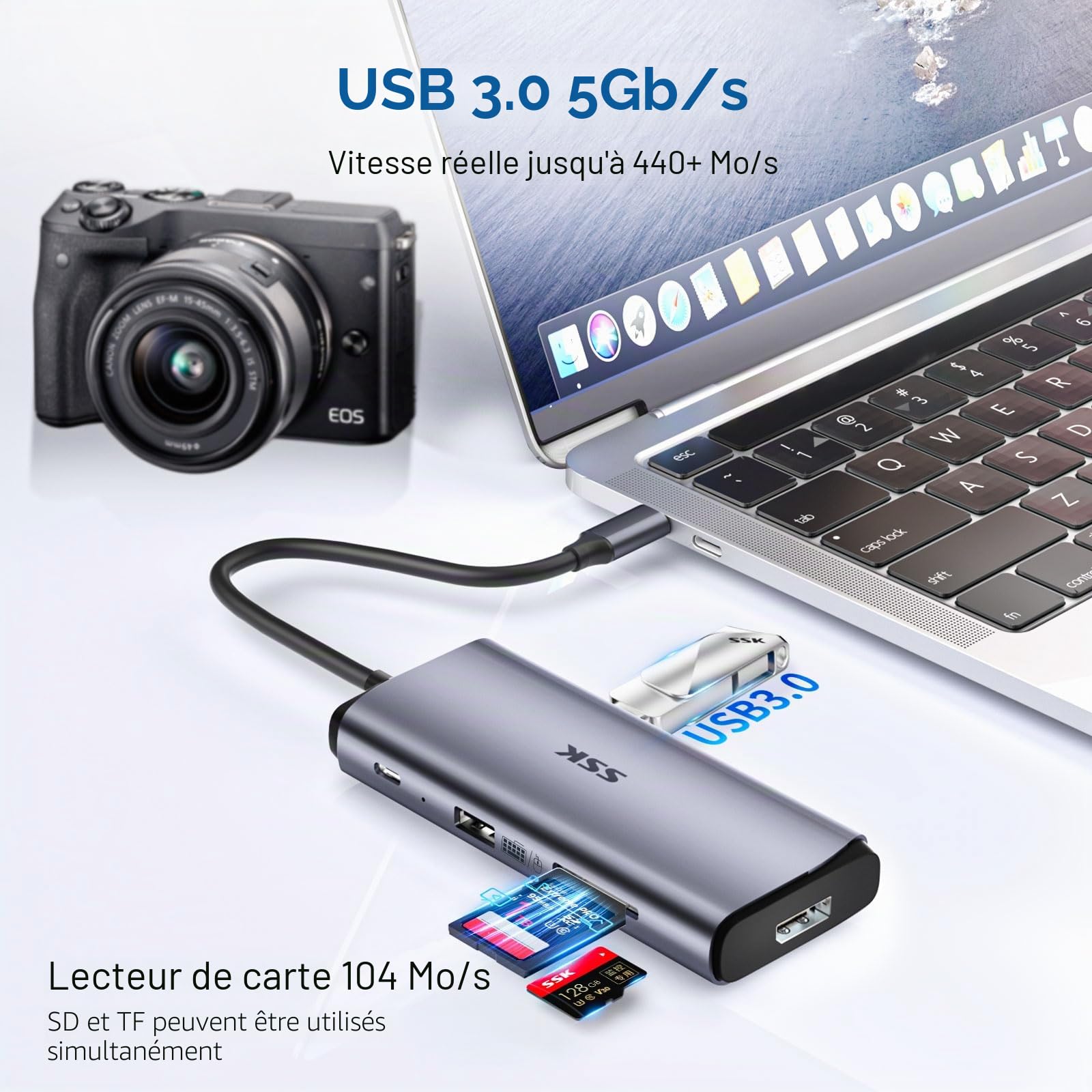 SSK Station d'accueil USB C 3 moniteurs, 9 en 1 Single 8K/Dual 4K60Hz Hub USB C DisplayPort Dock avec 2 Ports HDMI, DisplayPort, 100 W PD, 3 USB, SD/TF, Station d'accueil pour Ordinateur Portable
