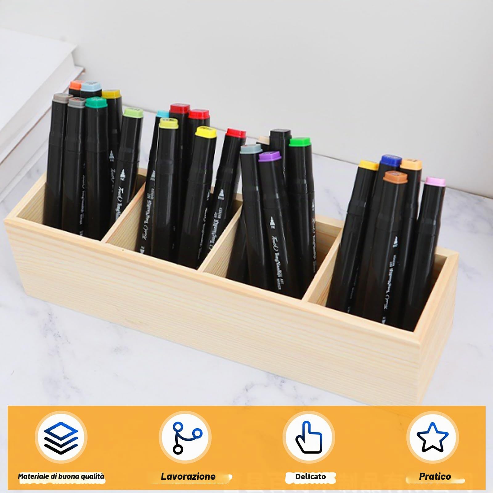 Set di 2 portapenne, quadrati, 8 scomparti, in legno naturale, per fai da te, 31 x 8,7 x 8 cm