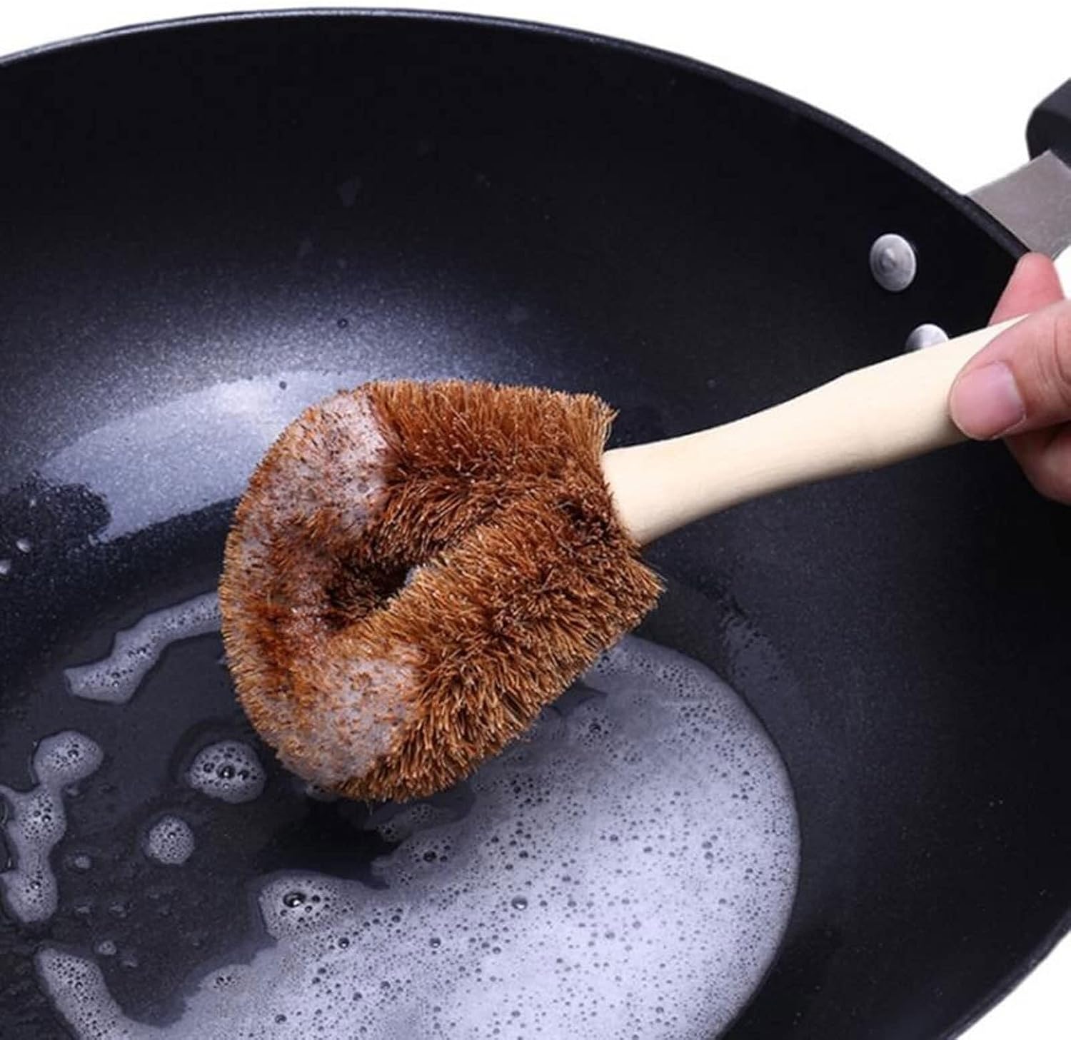 Coconut Brown Non-Stick Oil Long Handle Pot Brush Dish Washing Oil Cleaning Brush Can Hang Type Brush– Ergonomic Palm Scrubber with Handle for Kitchen Cleaning