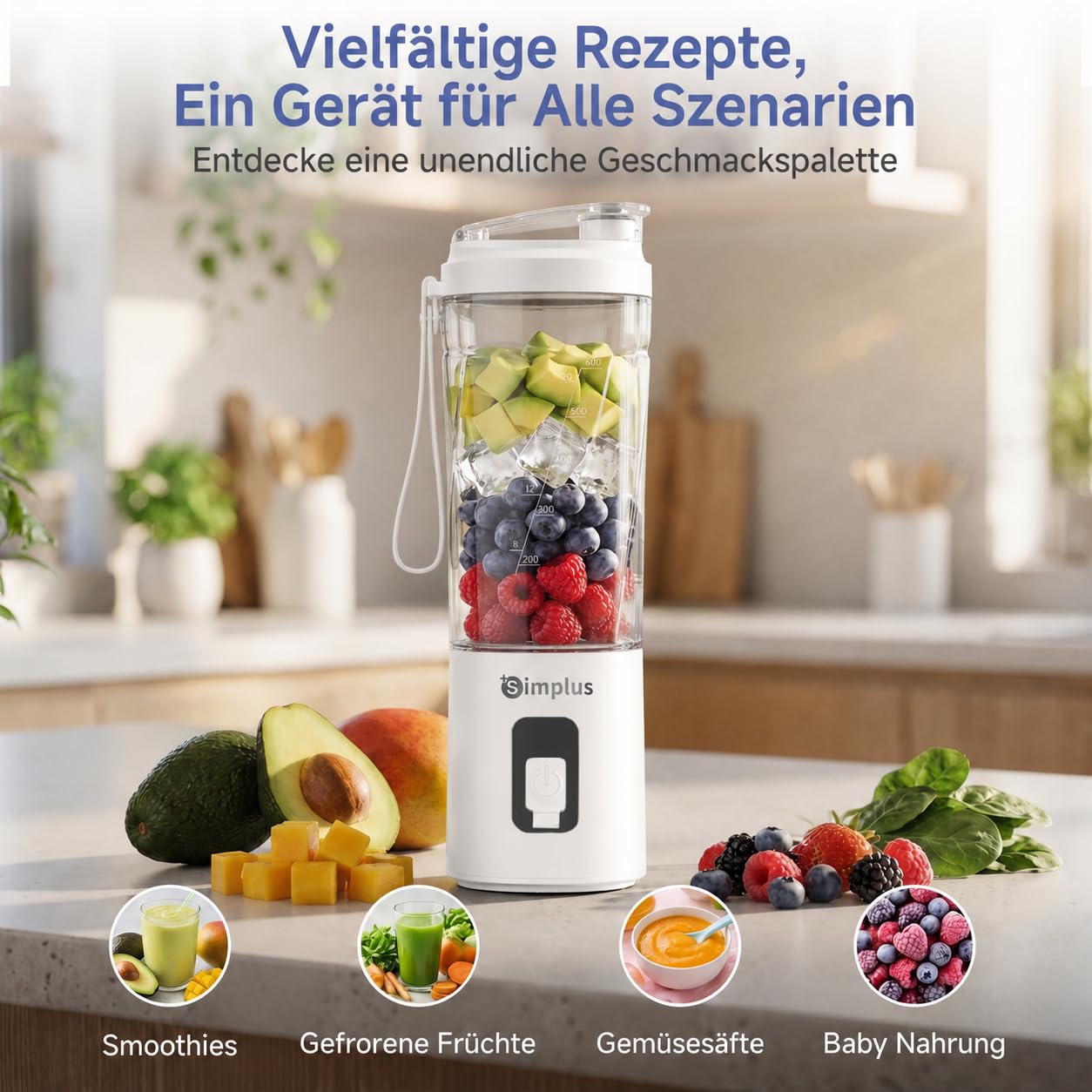 SIMPLUS Tragbarer Mixer 800ml Smoothie Maker To Go, USB-C Mini Mixer mit 6 Edelstahlklingen, kabelloser Blender für Shakes, Milchmixgetränke, weiche Früchte & kleine Eisstücke, BPA-frei