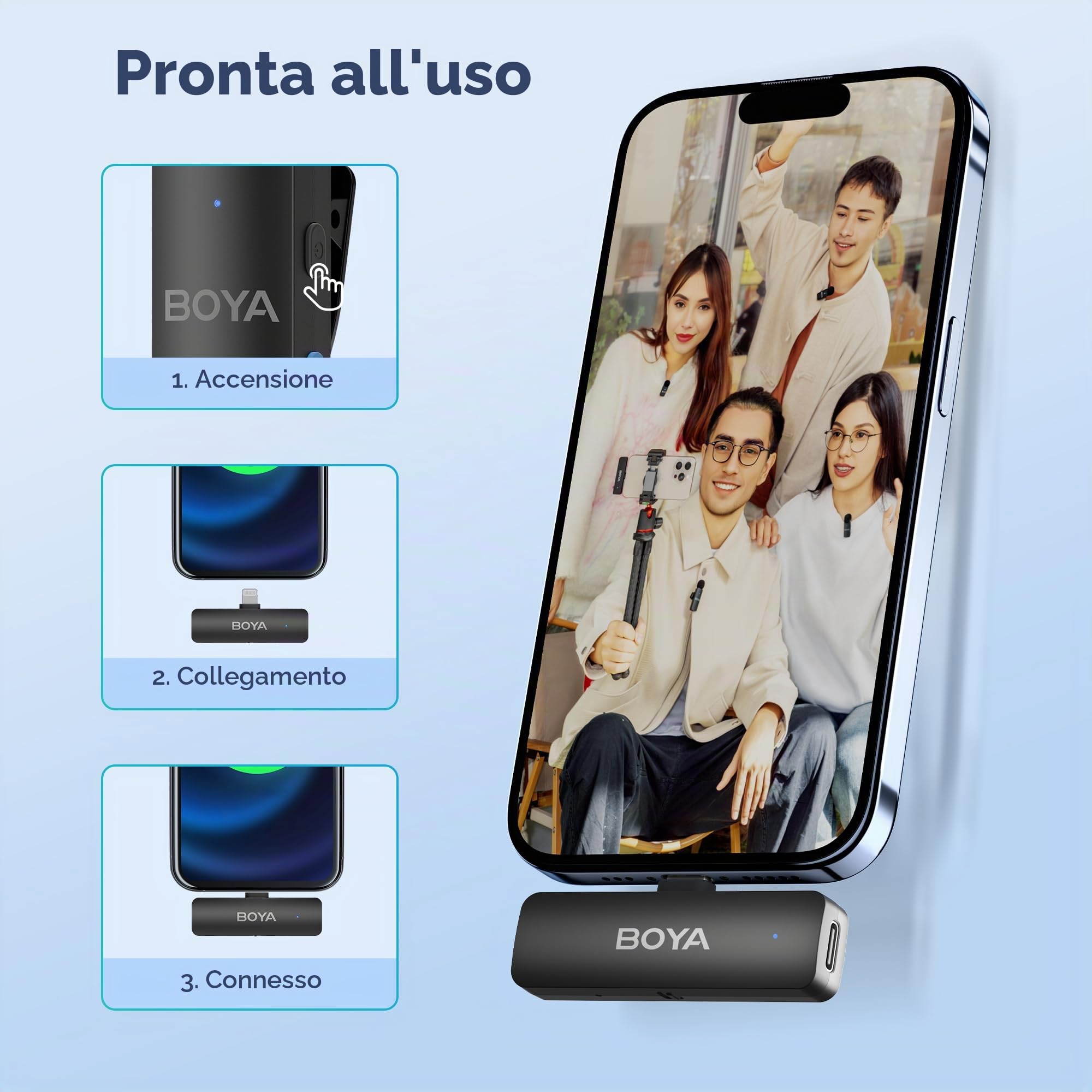 BOYA by-V4 - Microfono lavalier wireless per smartphone Android iPhone 15 tipo C, cancellazione del rumore, batteria 6h, portata 198 m, microfono wireless da bavero con clip per live streaming