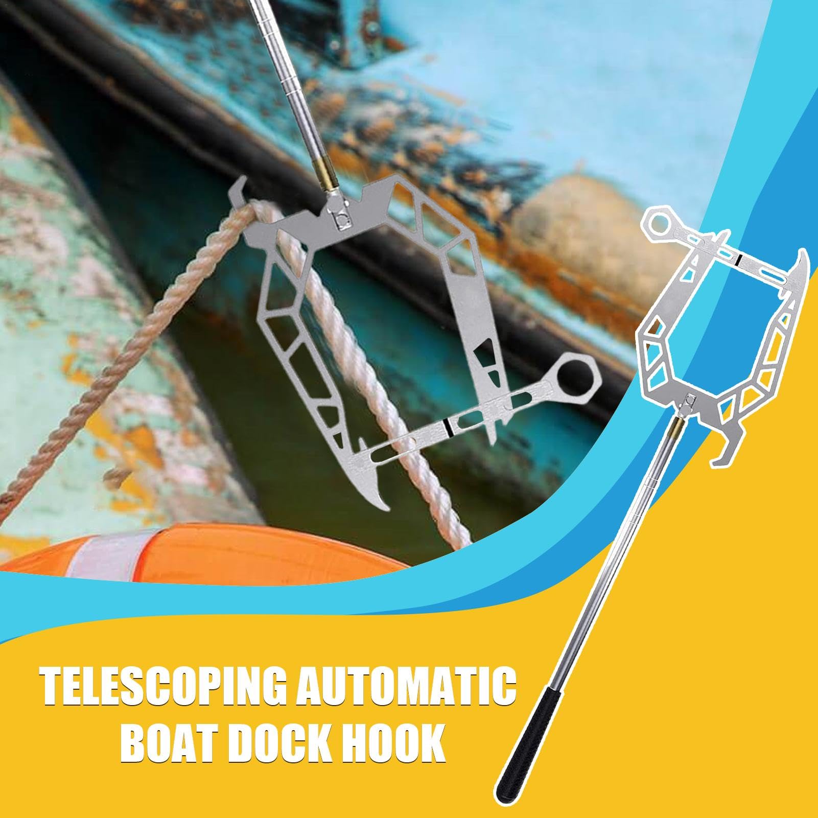 Telescoping Automatic Boat Dock Hook, Stainless Steel Dock Hook Cable Wire Guider Ship Parking Tool, Telescopic Mooring Rope Threading Hook, Mooring Rope Dock Hook Boat U Type Mooring Rope Threader