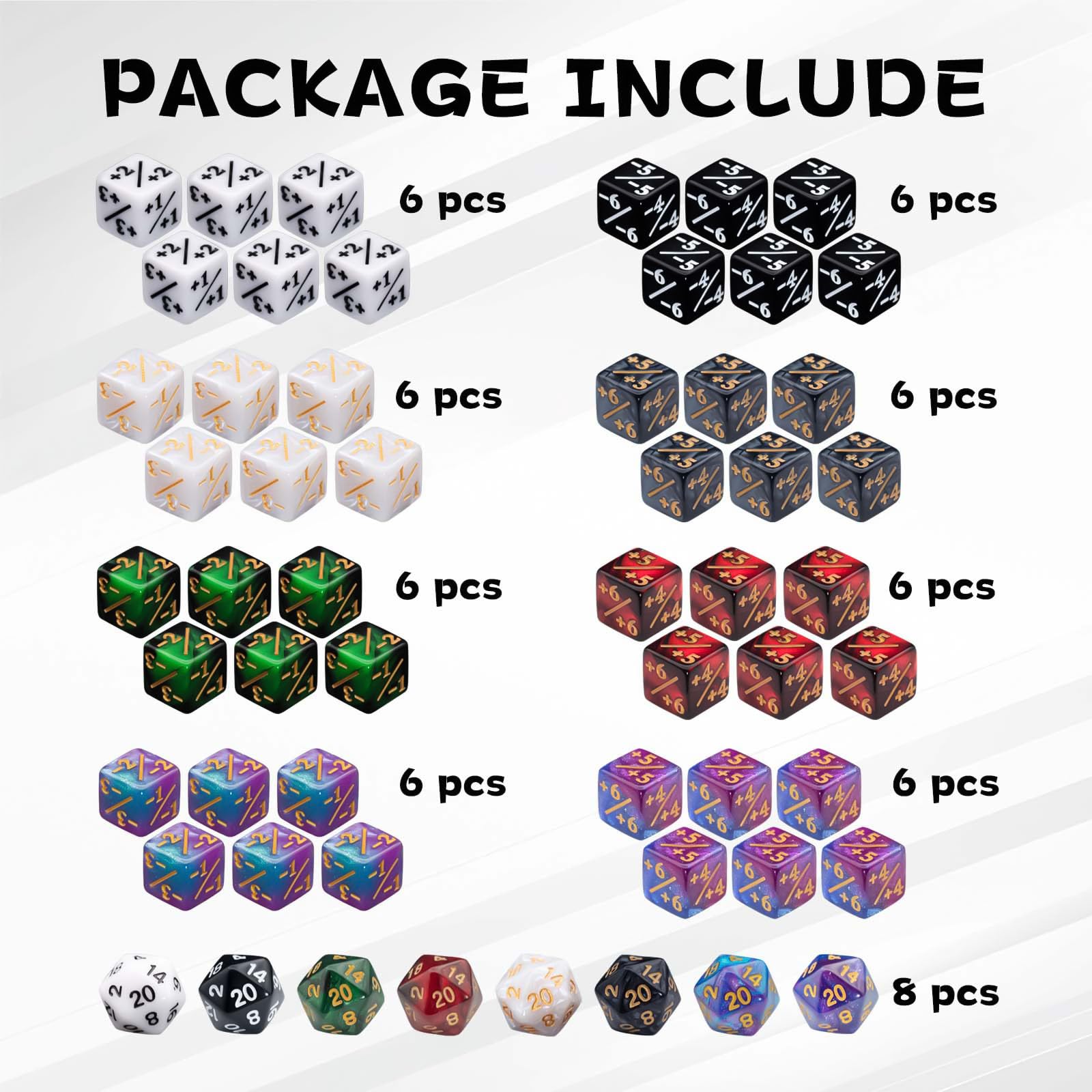 Zestaw 56 kostek licznika MTG w 8 kolorach, 48 sztuk Magic The Gathering Life Counters Tokeny zestaw kości i 8 sztuk D20 do MTG, TCG, akcesoria do gier karcianych