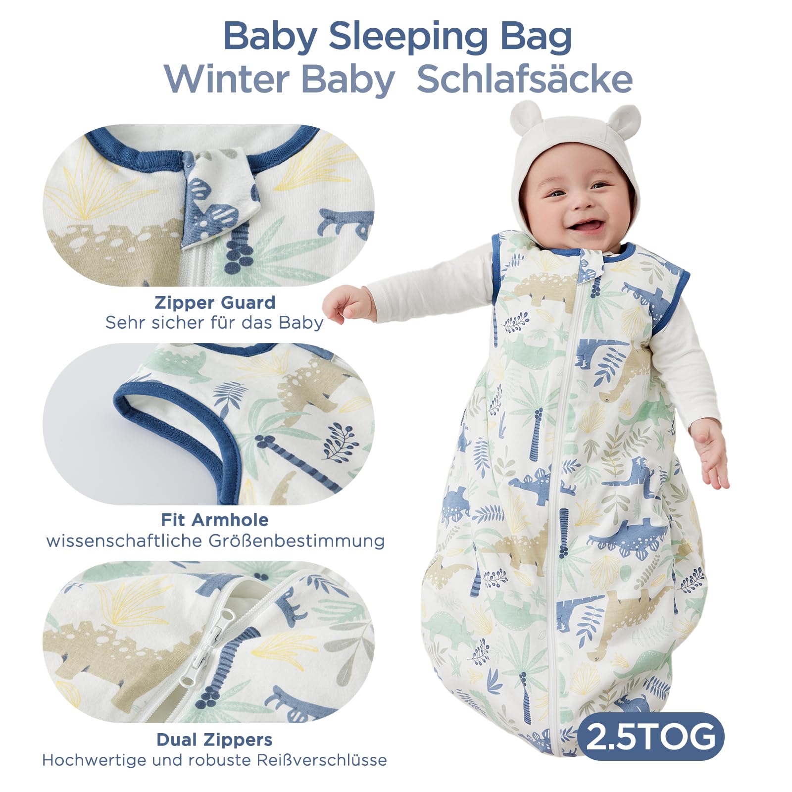 Duomiaomiao Sacco nanna Baby per l'intero anno 2.5Tog, 100% cotone Sacco per bebè invernale, neonato femmina, Sacco nanna caldo per bambini neonati(Dinosauro/85)
