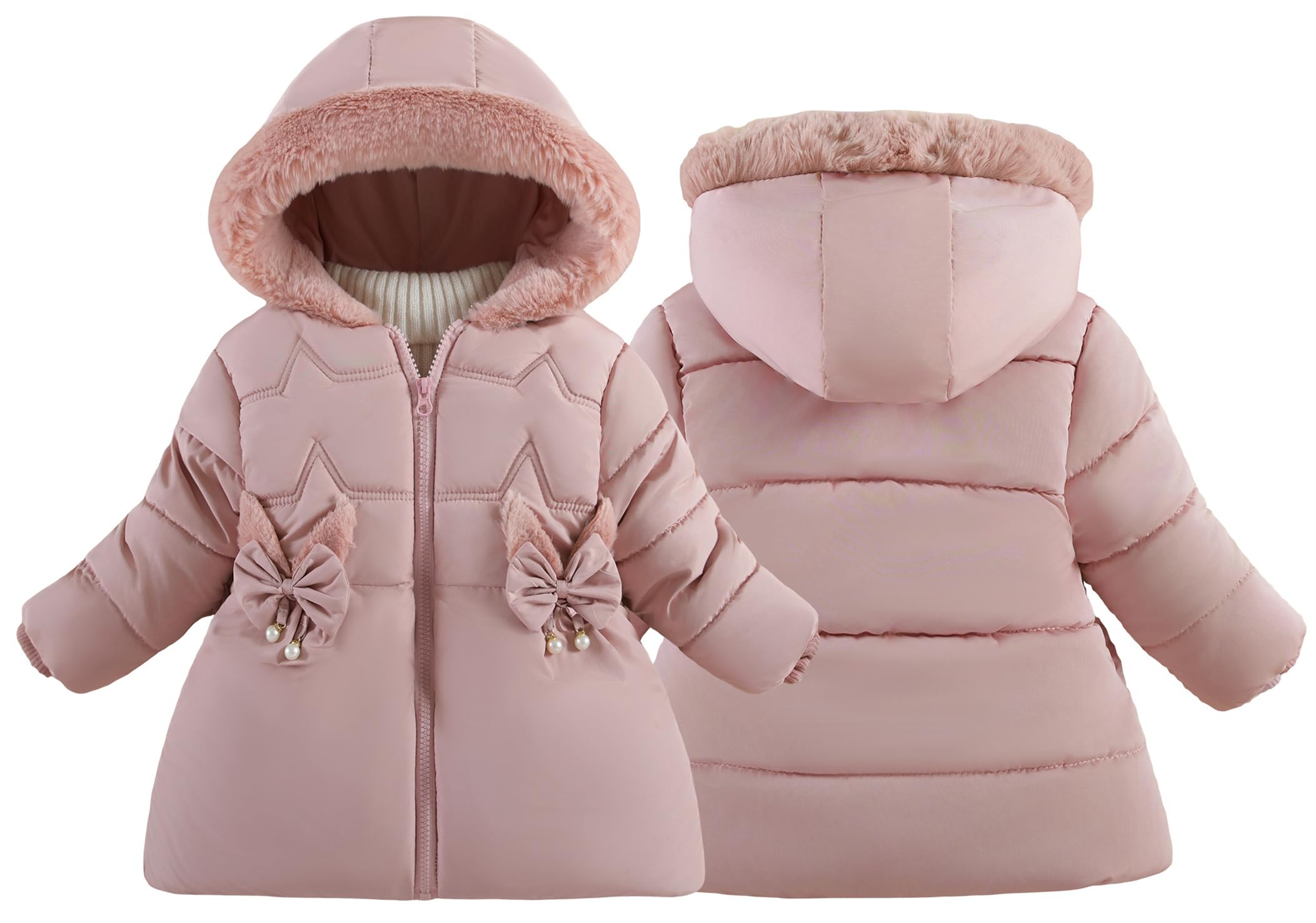 Maeau - Abrigo de Plumas Niña con Capucha Invierno Chaqueta de Algodón Cremalleras Parker Abrigo Forro Polar Plumífero Cálido con Bolsillo Pajarita 1-5 Años