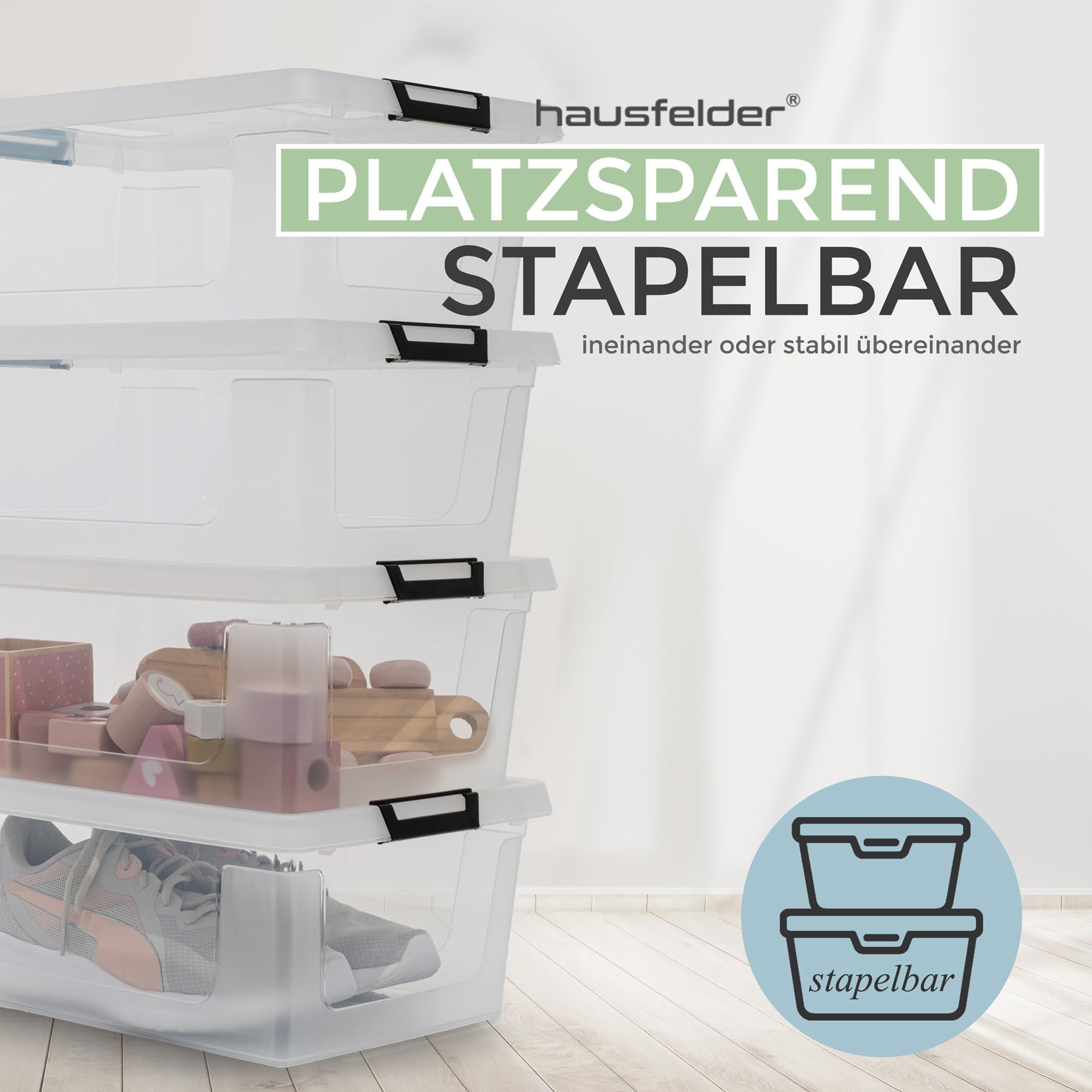 Hausfelder Aufbewahrungsboxen 10er Set, 12 l, mit Deckel, transparent | Kunststoffboxen mit Deckel für Küche, Keller, Garage und Haushalt, stapelbar, transparent