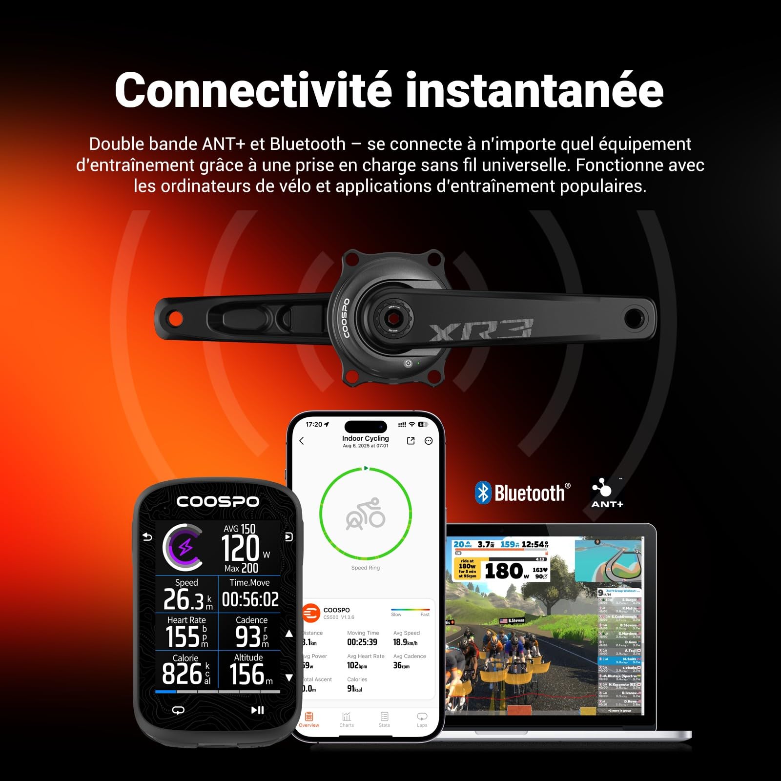 CooSpo Compteur de puissance S10, 160–172,5 mm, BLE/ANT+ pour Easton 110 BCD 4 boulons, précision ± 1 % de suivi des données, batterie 300 H pour cyclisme intérieur/extérieur