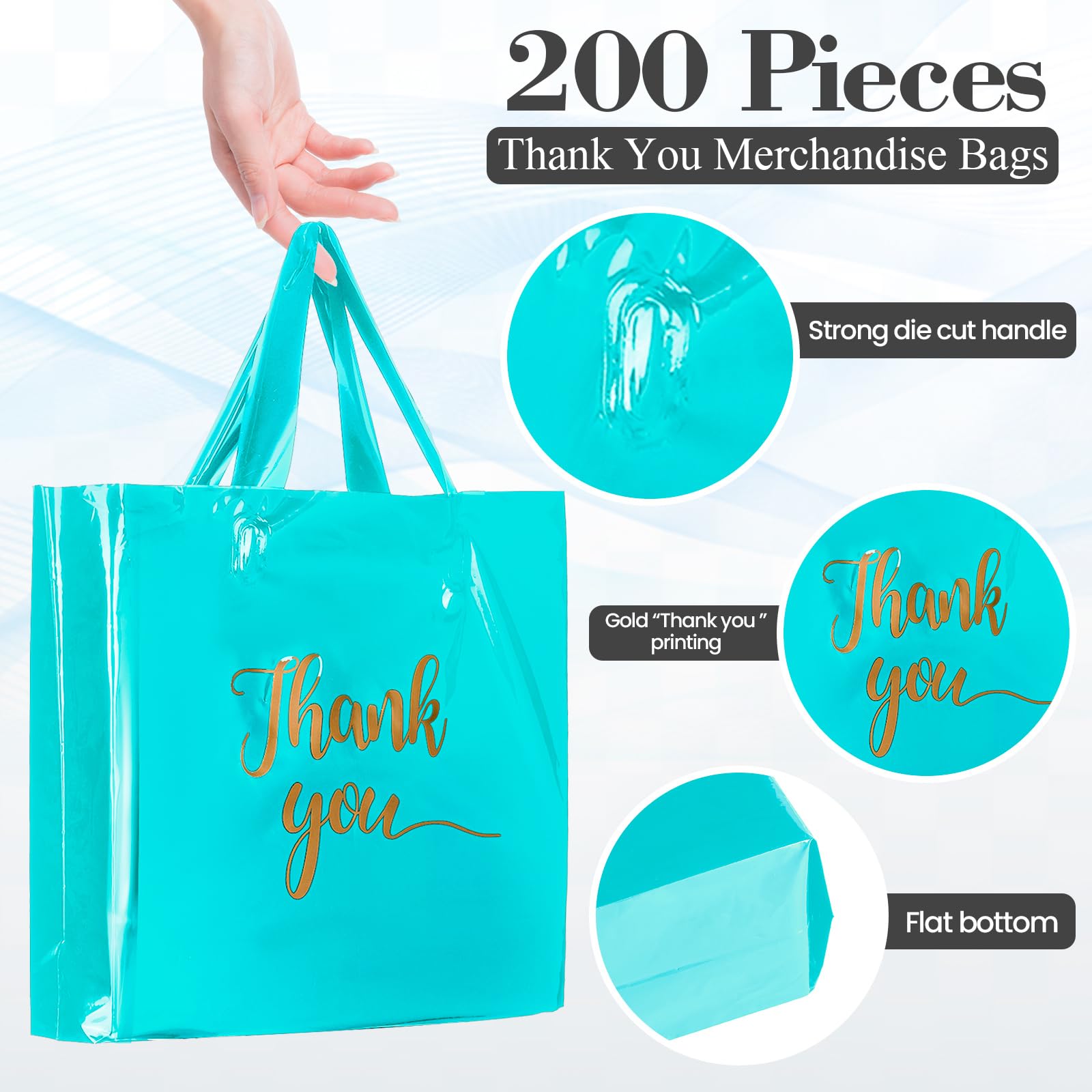 Teling Dankesbeutel mit Griff, Großpackung, Dankeskarten, 3 Größen, Kunststoffverpackung, Einzelhandel, Einkaufspaket für Boutique, 22,9 x 30,5 cm, 30,5 x 38,1 cm, 38,1 x 45,7 cm, Himmelblau, 200
