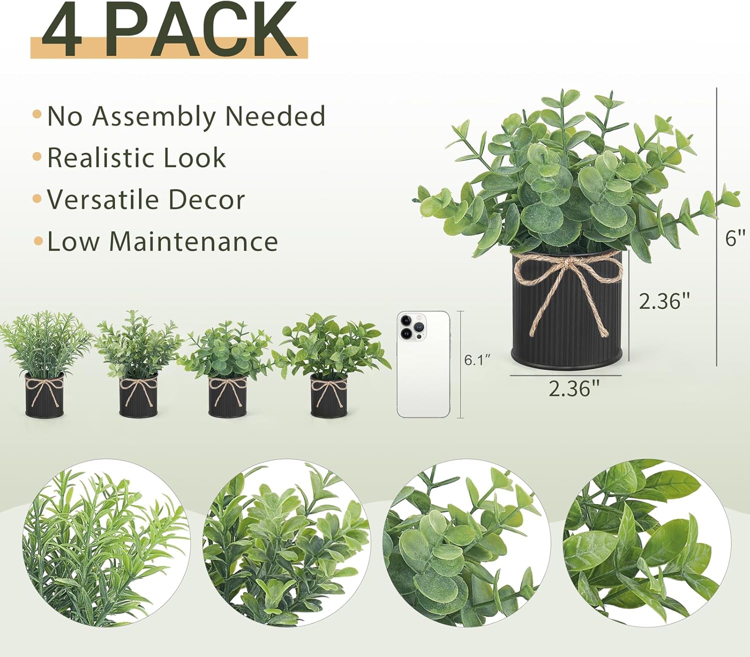 Mkono 4 Packs Small Fake Plants in Farmhouse Galvanized Pots Table Centerpiece Mini Potted Artificial Plants Faux Eucalyptus for Shelf Office Rustic Home Decor (Black, Mini-6" H) - Image 2