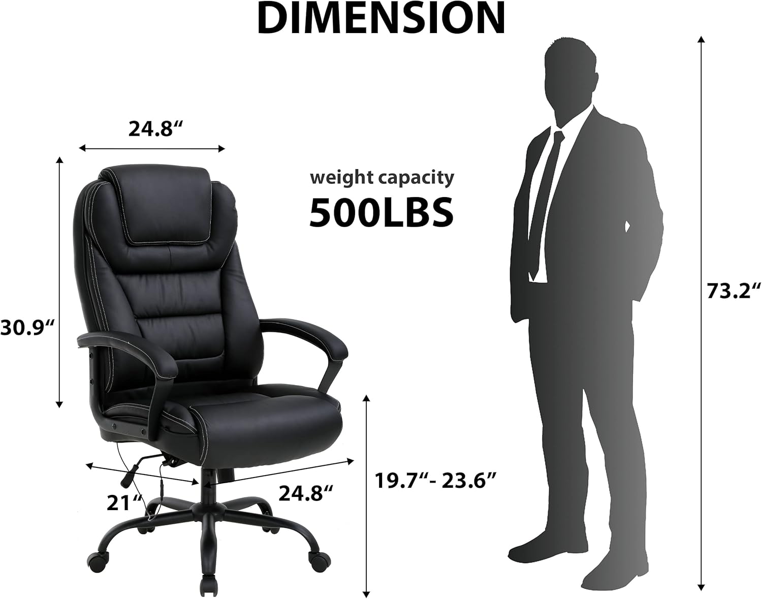 500lbs Heavy Duty Ergonomic Office Chair Adjustable High Back Office Chair Desk Chair Computer Chair with Massage Lumbar Support and Armrests Headrests, Pu Leather Metal Base Office Chairs, Black