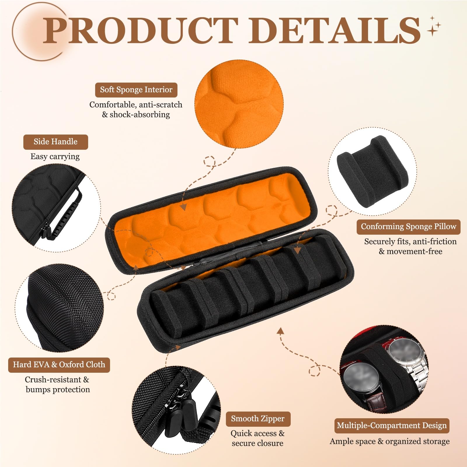 Estuche de viaje para relojes sourcing map, caja de almacenamiento portátil de 5 ranuras para relojes, estuche enrollable organizador para relojes de pulsera para hombres y mujeres, viajes, negocios