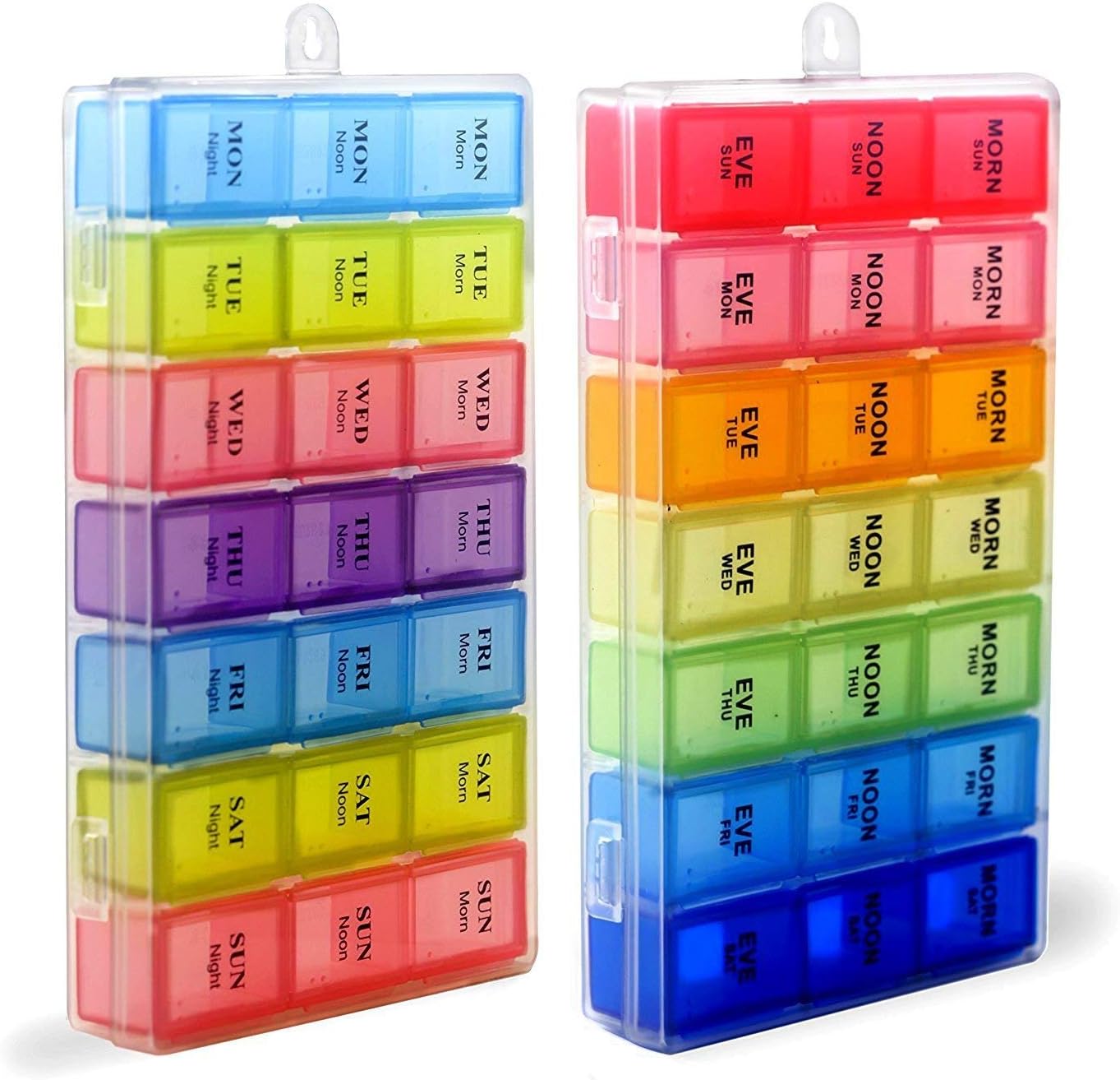 Pill Organizer Box with Snap Lids| 7-Day AM/PM | Detachable Compartments for Pills, Vitamin. (Rainbow+60182)