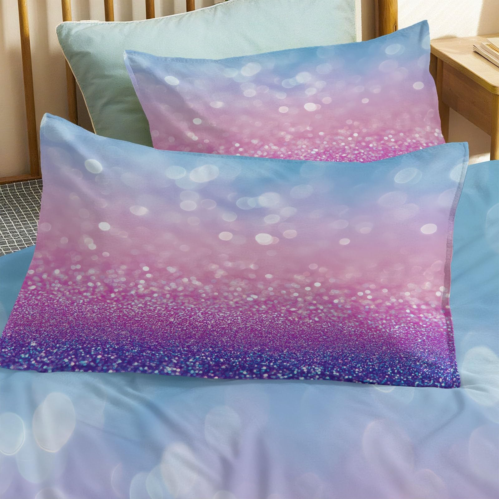 Generisch Niebiesko-fioletowo-różowa pościel z gradientem, 200 x 220 cm, 3-częściowa, delikatna, pastelowa pościel z mikrofibry + 2 poszewki na poduszkę 80 x 80 cm, przytulna, niebieska, pościel z