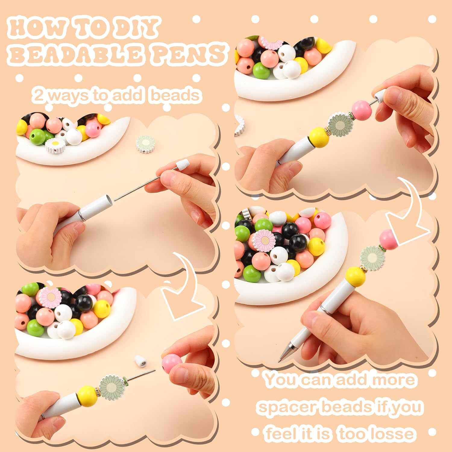 Colarr 24 Sets Plastic Beadable Pens DIY Pens Making Kit Assorted Wood Beads Crystal Spacer Black Ink Ballpoint for Women Crafts Office Family Gifts(Cute Daisy)