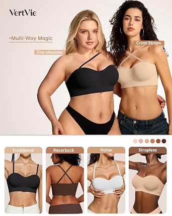 Vertvie Strapless Bra Non Slip Push Up Wireless Padded