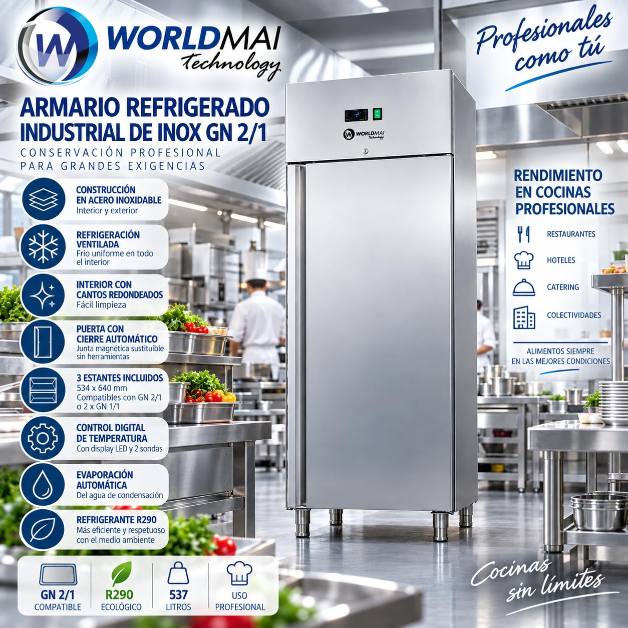 Frigorífico Industrial INOX GN 2/1 600L para Hostelería. Armario Refrigerado Profesional Vertical para Bar y Restaurante
