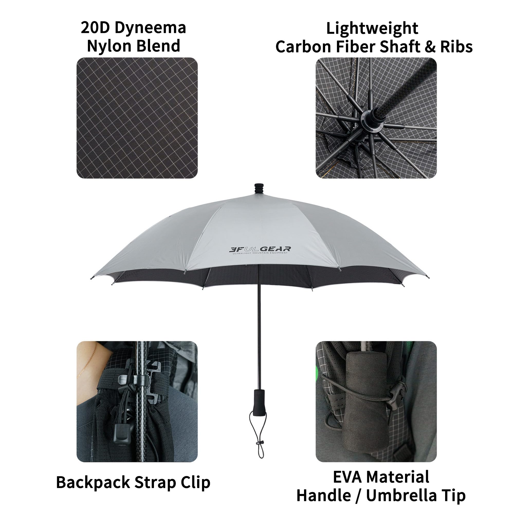 windhike 3F UL GEAR ultralekki parasol trekkingowy, włókno węglowe, nylon Dyneema 20D, wodoszczelny i chroniący przed słońcem, w zestawie uchwyt na plecak, na wędrówki, kemping, wędkowanie na świeżym