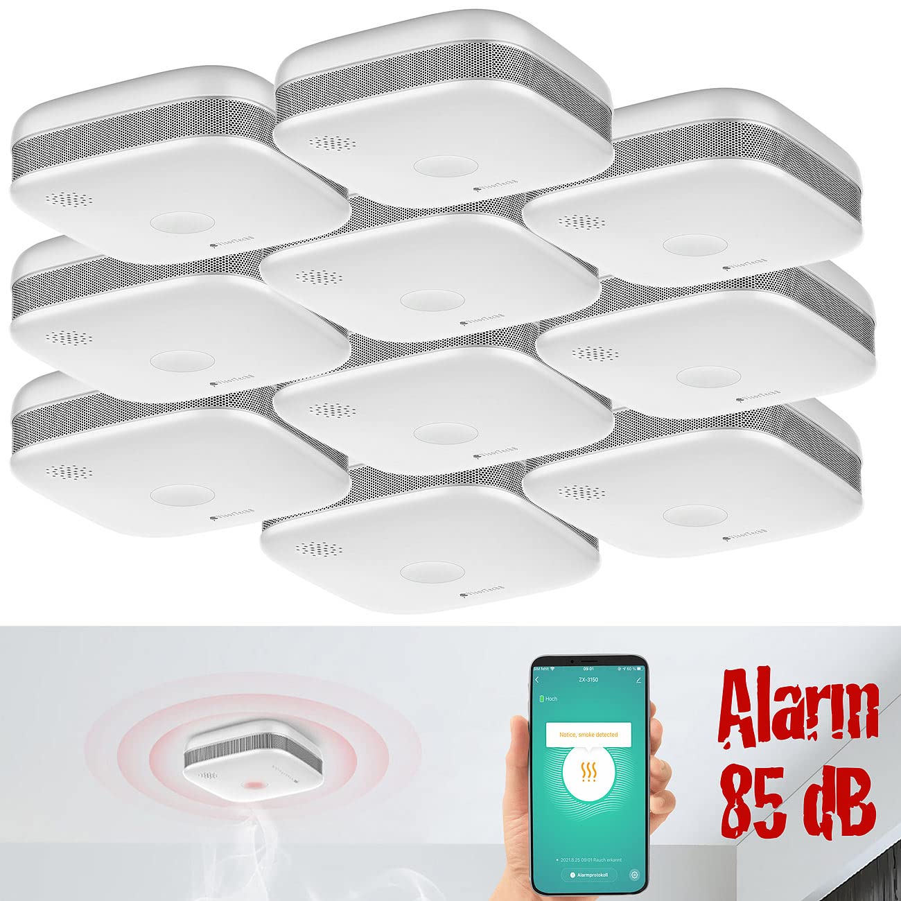 VisorTech Rauchmelder Funk: 10er-Set WLAN-Design-Rauchmelder mit weltweiter App-Benachrichtigung (Feuermelder WLAN, Kompakter WLAN Rauchmelder, Tablet Halterung)