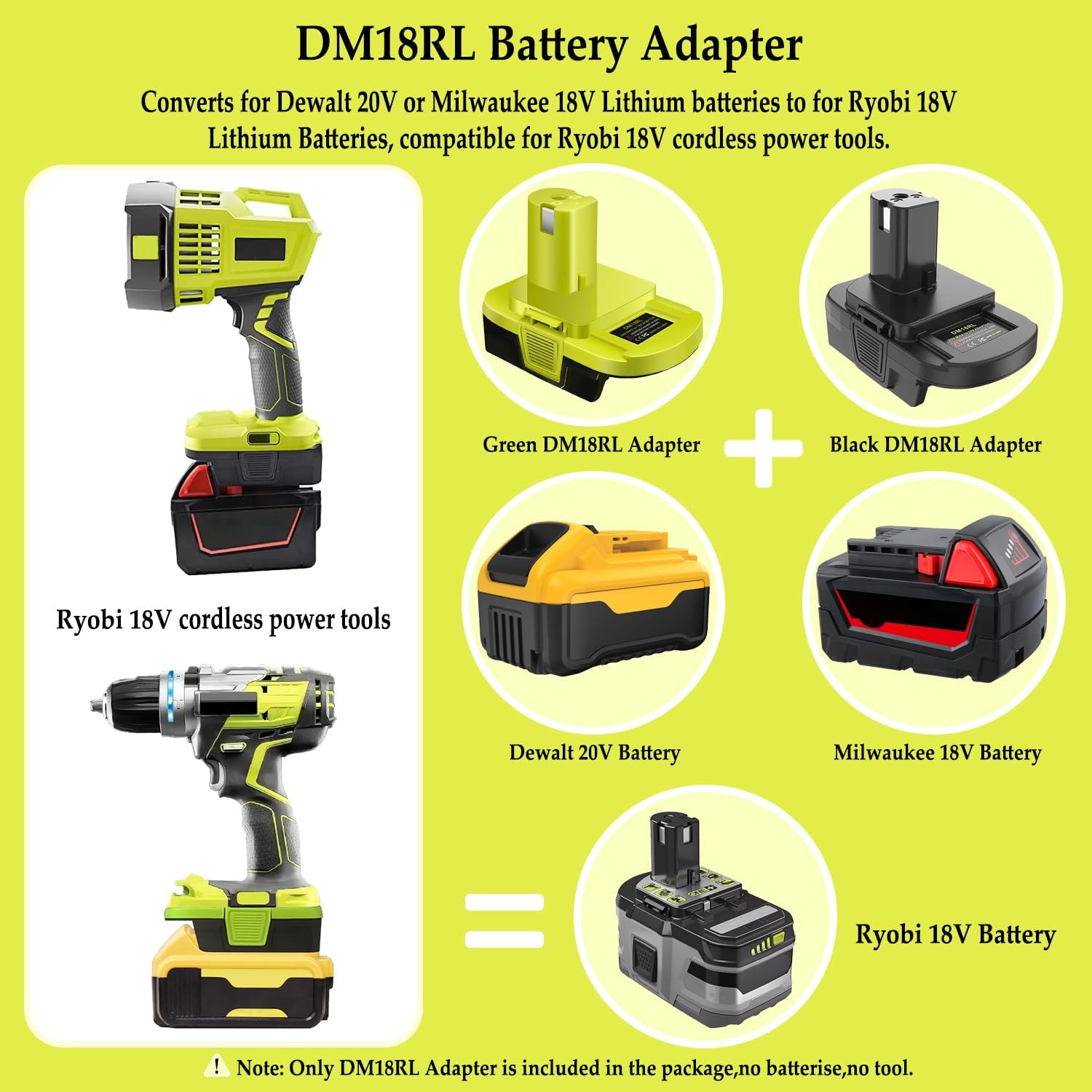 DM18RL Batterie Adapter for Dewalt for Milwaukee 20V/18V Li-Ion Battery Convert to for Ryobi 18V P108 ABP1801 Battery with USB Port (Black)