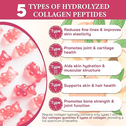 Miniatura 4 de Gomitas de Colágeno para Mujer, Péptidos de Colágeno Hidrolizado Tipo I, II, III, V, X, 0 Azúcar, Gomitas de Colágeno para la Piel, Arrugas,