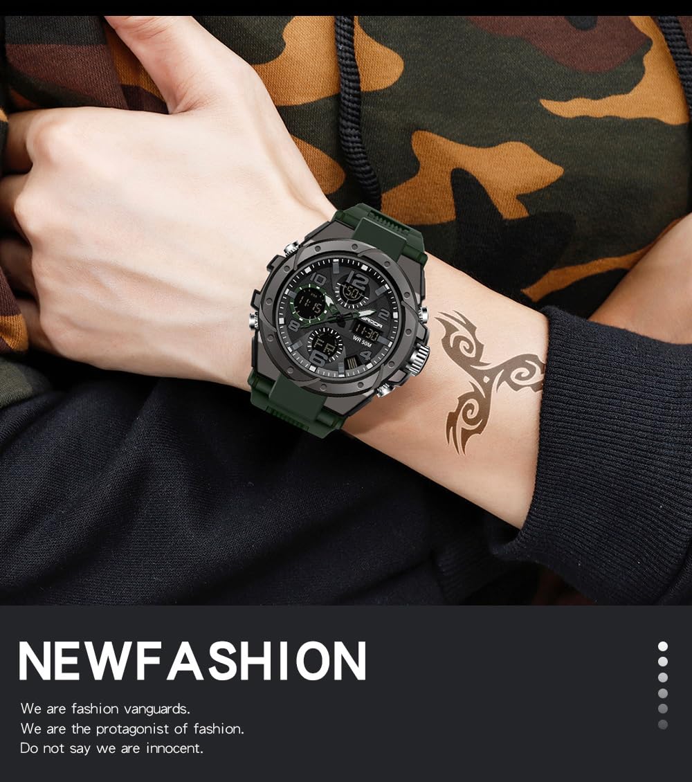 Orologio sportivo analogico digitale da uomo, impermeabile fino a 50 m, militare, tattico, con cronometro, sveglia, retroilluminazione, doppio display, quadrante grande, cinturino in resina