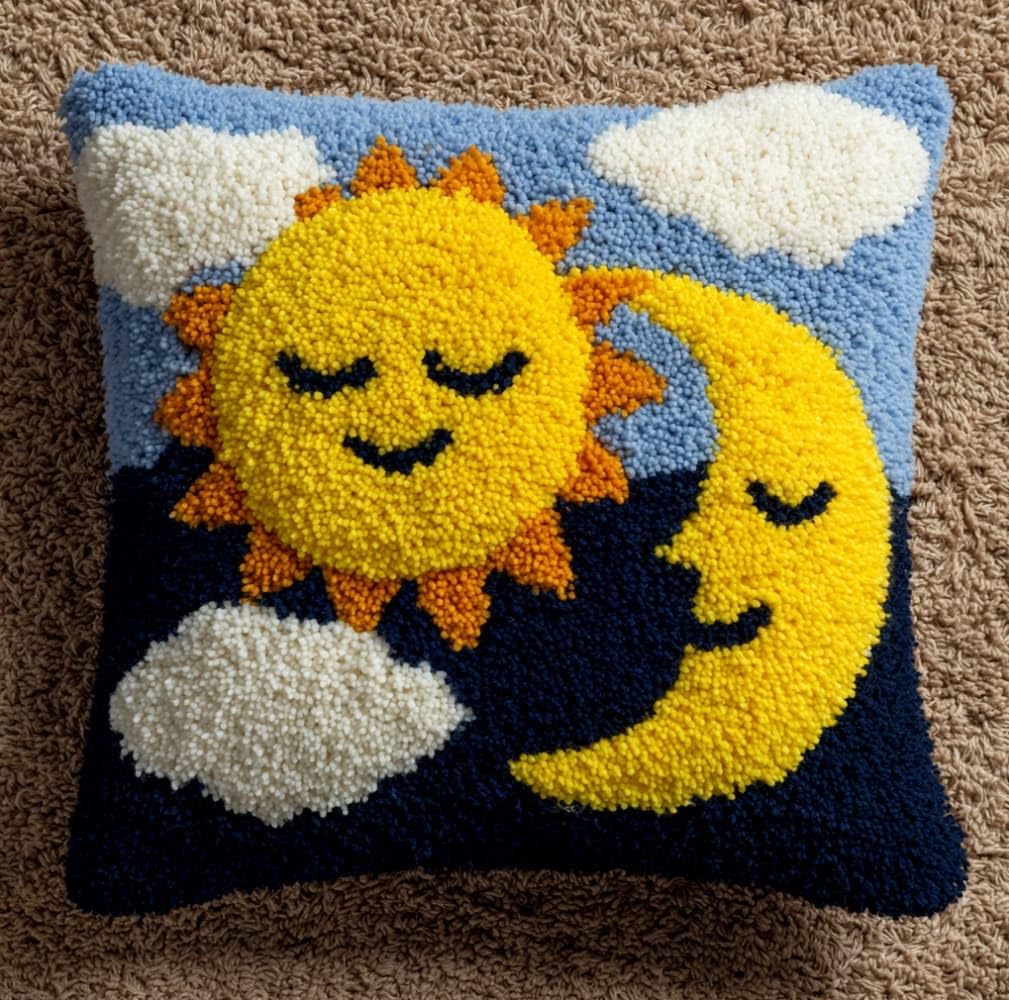 WallustrioaW Latch Hook Kit Cushion Latch Hook Kit,Smiling Sun and Moon
